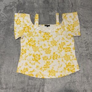 Adrienne Vittadini Yellow Floral Cold Shoulder Top Lace Trim Stretch Women L